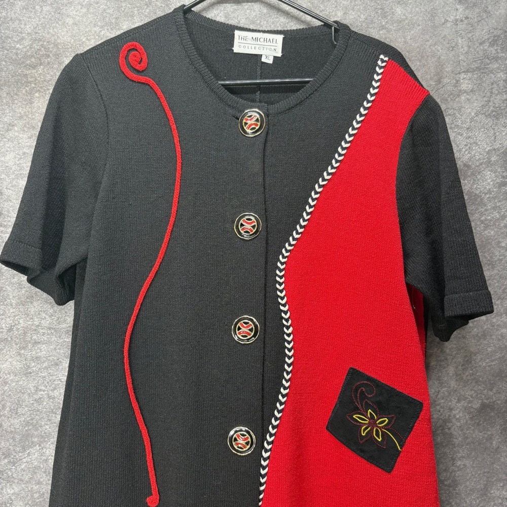 The Michael Collection Black Red Santana Knit Button Front Dress XL Art Vintage - Picture 2 of 15